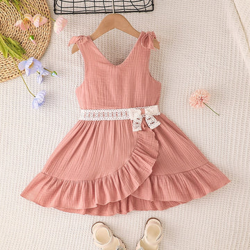 Girls Summer Sleeveless Lace Sash & Ruffles Dress. Ages 4T-7